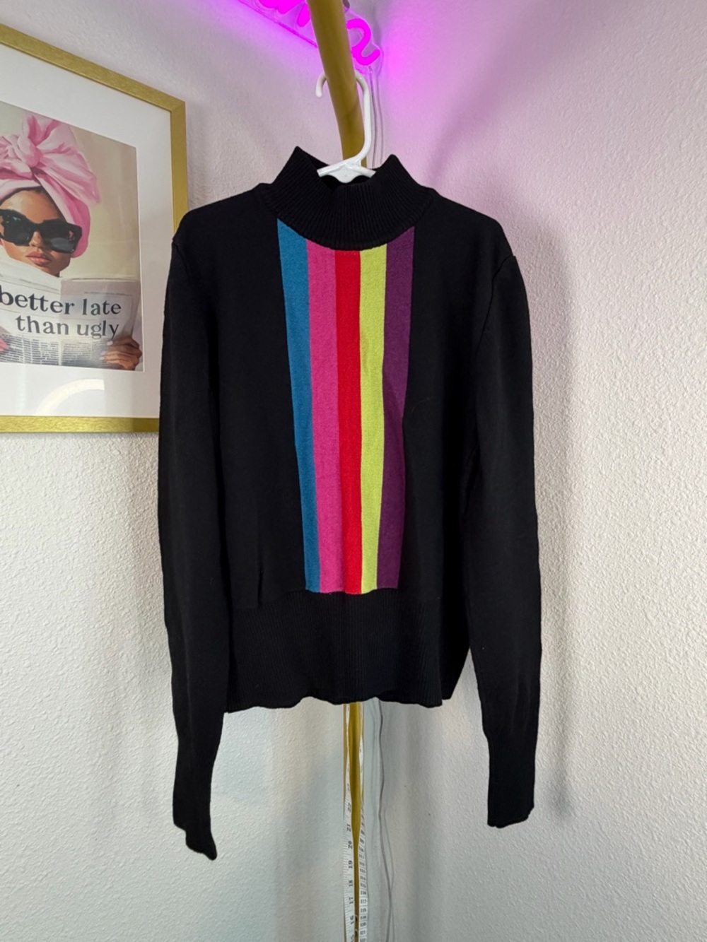 Marciano Black Mock Neck Sweater w/ Rainbow Stripe | Size S | Fitted Knit